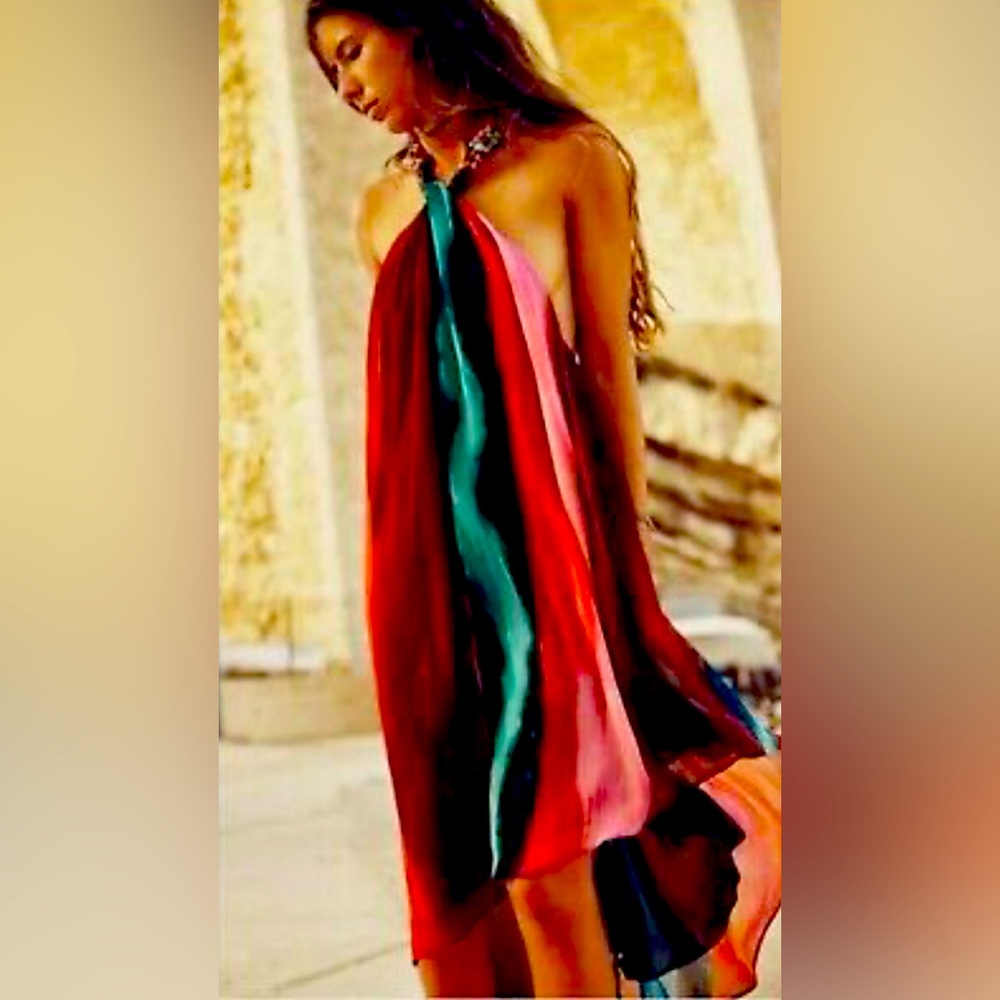 ZARA work of Art…Stunning Beachwear Multicolor Halter Dress w/Beaded Necktie🔥🔥🔥